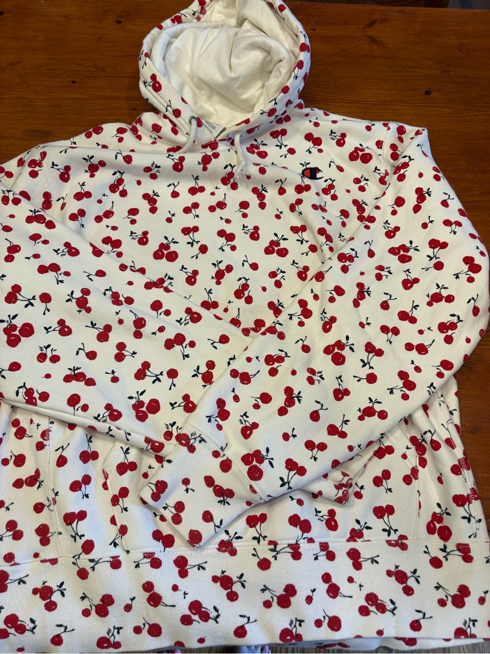 Champion White Pullover Hoodie with Red Cherry Print size L